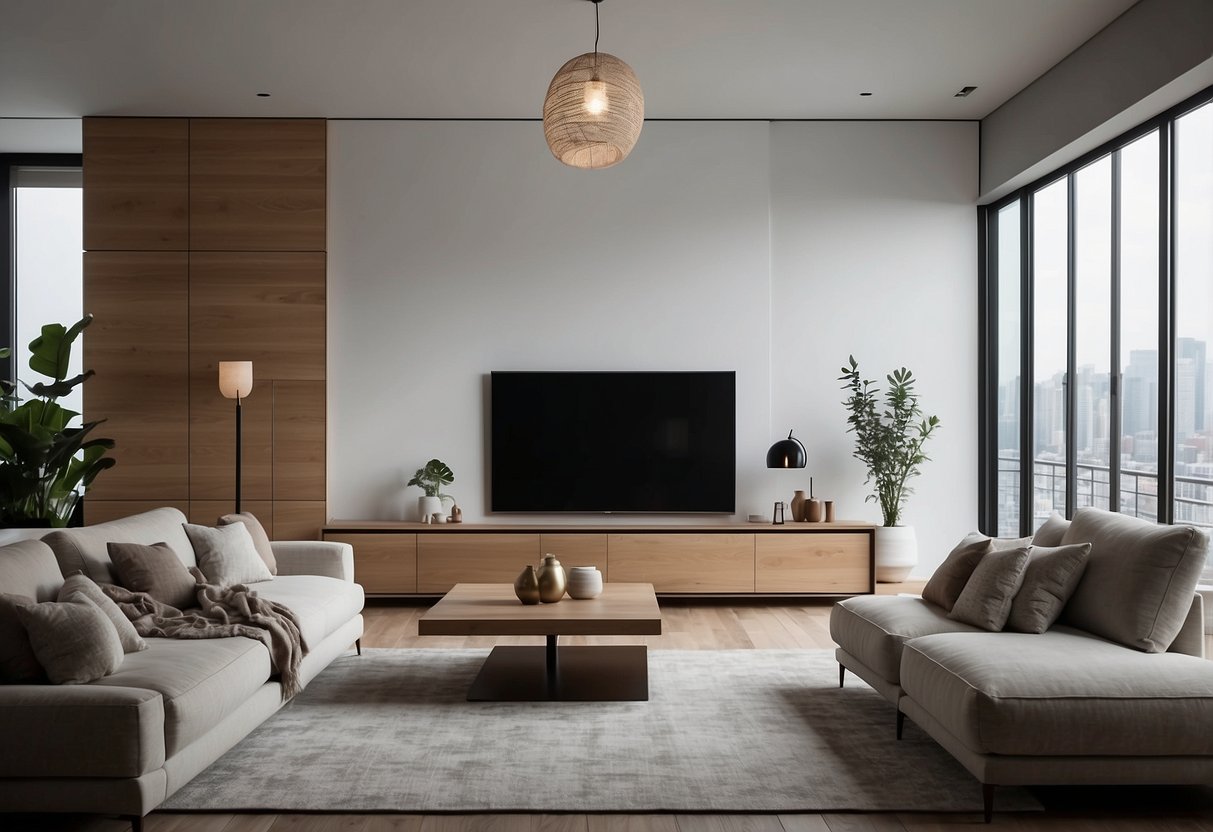 A modern living room with a sleek TV media furniture set against a clean white wall, with a large flat-screen TV and minimalist decor