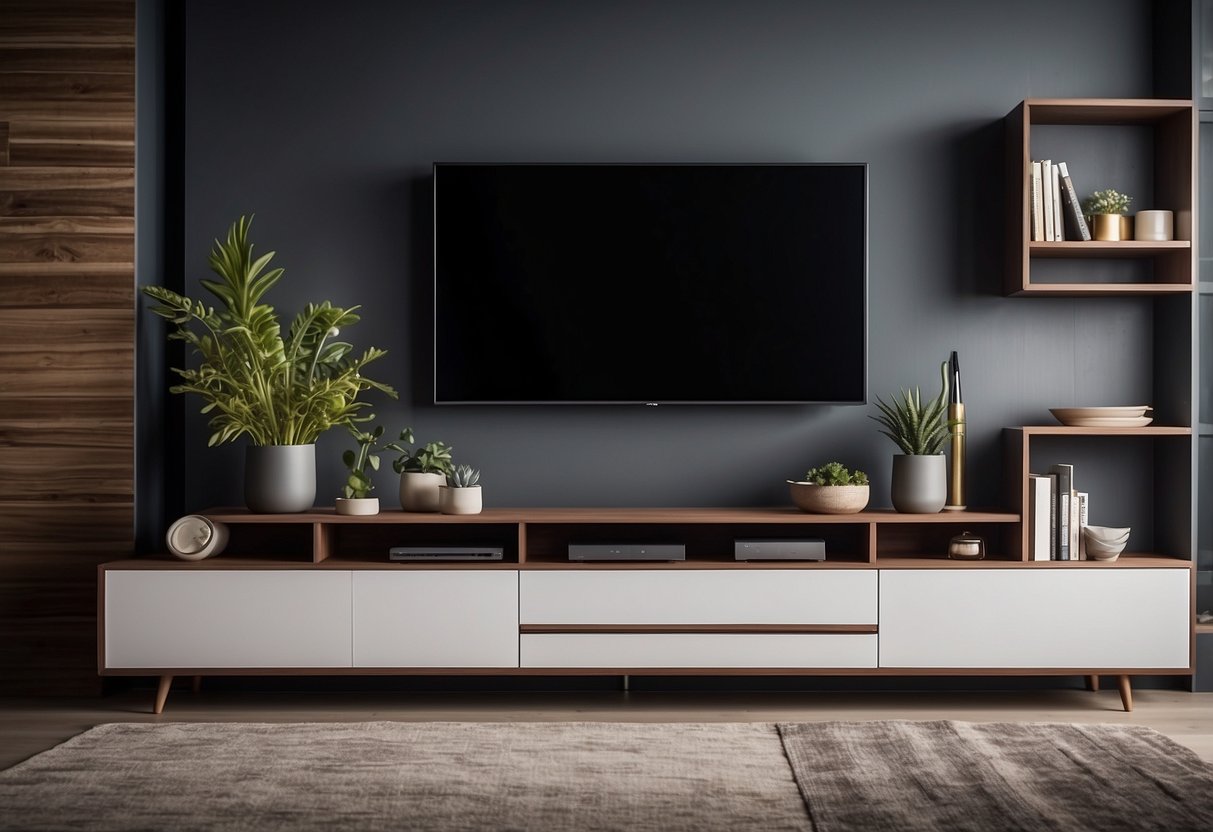A modern TV area with sleek media furniture, neatly organized shelves, and enhanced with decorative accents
