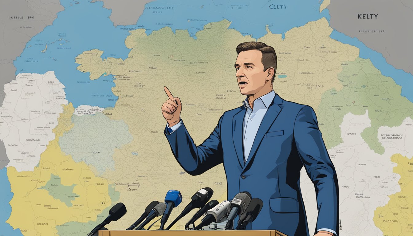 Kelty stands behind a podium, addressing a crowd of reporters and government officials. A large map of Ukraine is displayed behind him, as he gestures towards it while speaking passionately