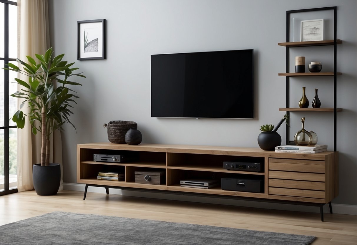 A sleek, modern TV media furniture set stands against a clean, minimalist backdrop, with shelves neatly organized and a TV mounted on the wall