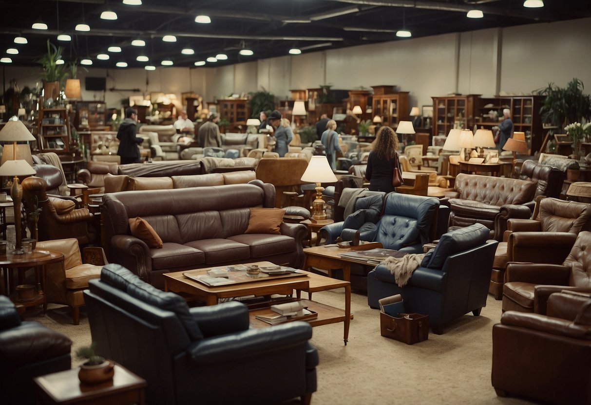 Customers browsing through rows of secondhand furniture, a variety of styles and eras on display, signs advertising discounts and deals