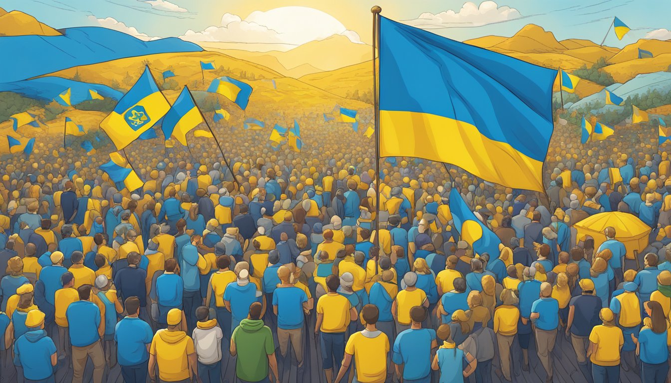 Big Agnes logo with Ukraine flag in background, surrounded by community support symbols