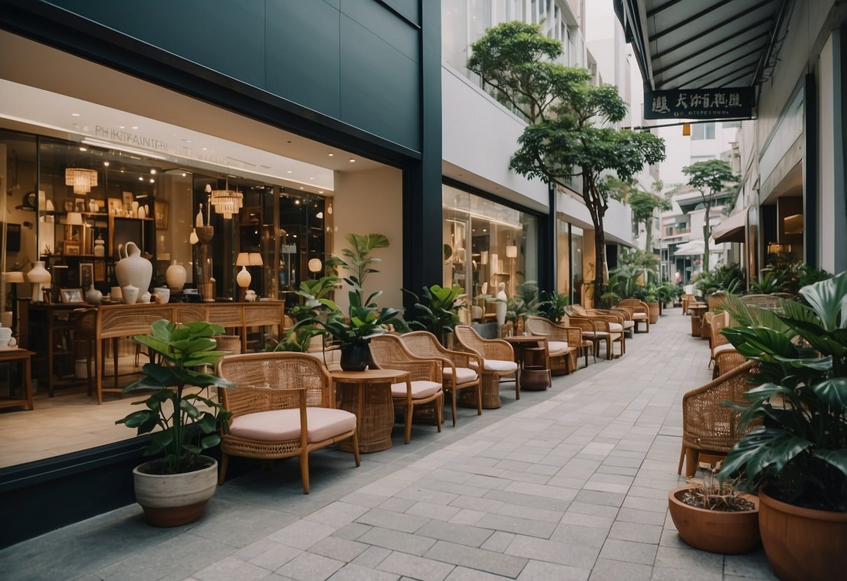 A row of furniture shops line the streets of Ubi, Singapore, showcasing a variety of modern and traditional pieces in their storefront windows