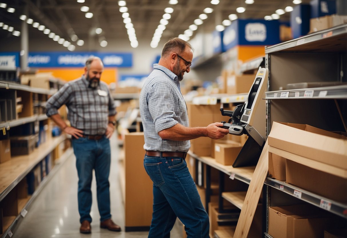Customers browsing furniture legs at Lowes, staff assisting with product selection and providing support