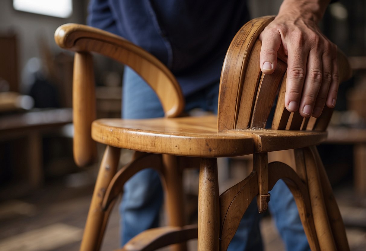 A worn-out chair is being stripped of its old varnish, revealing the natural wood underneath. A skilled craftsman carefully sands and smooths the surface before applying a fresh coat of finish