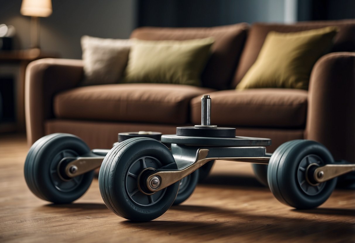 Four furniture moving casters attached to the bottom of a heavy sofa, allowing it to glide effortlessly across the floor