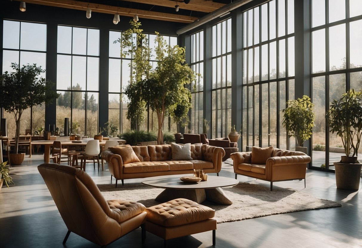 A spacious furniture store in an orchard setting, with large windows and natural light, showcasing a variety of stylish and modern pieces