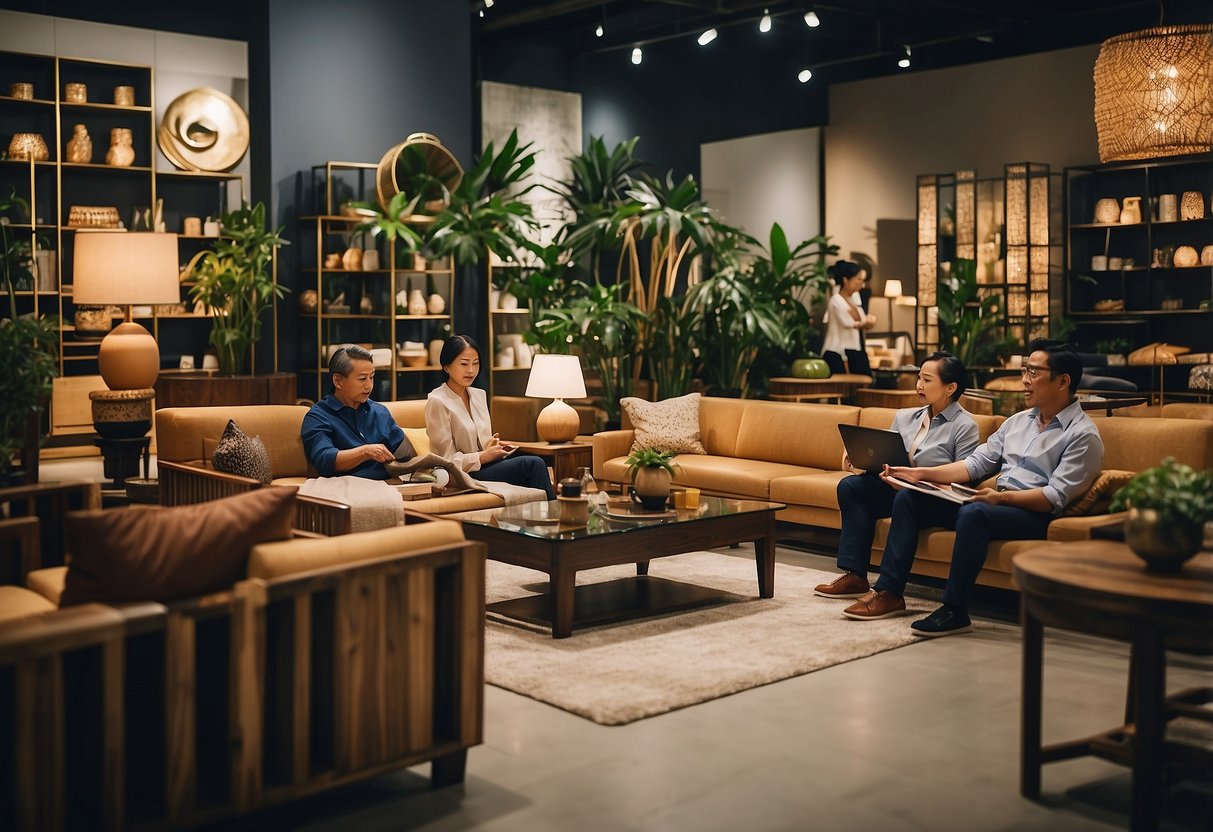 Customers browsing through rows of modern and traditional furniture in Ubi, Singapore's furniture shops