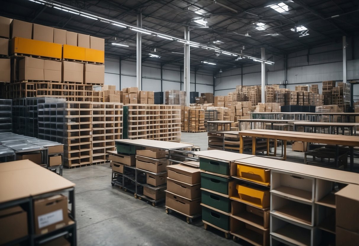 A warehouse filled with rows of modern furniture in Singapore. Tables, chairs, and sofas are neatly stacked and organized for wholesale distribution