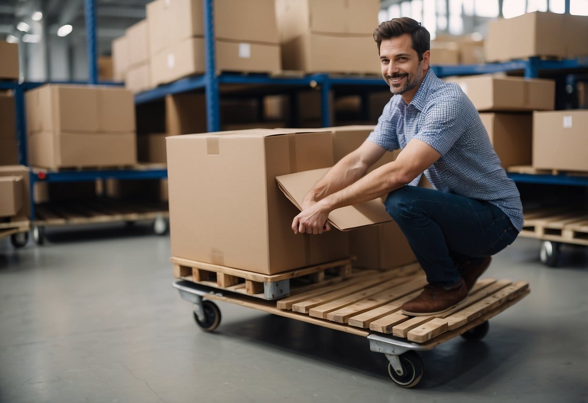 Furniture glides across the floor on smooth casters. A person pushes a sofa effortlessly. Boxes are stacked neatly on a dolly
