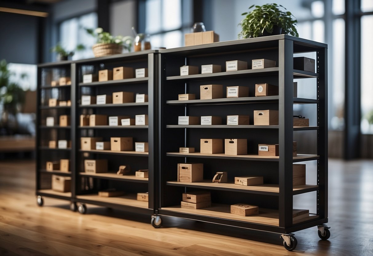 Furniture moving casters in various sizes and styles arranged on a display shelf with a sign reading "Frequently Asked Questions."