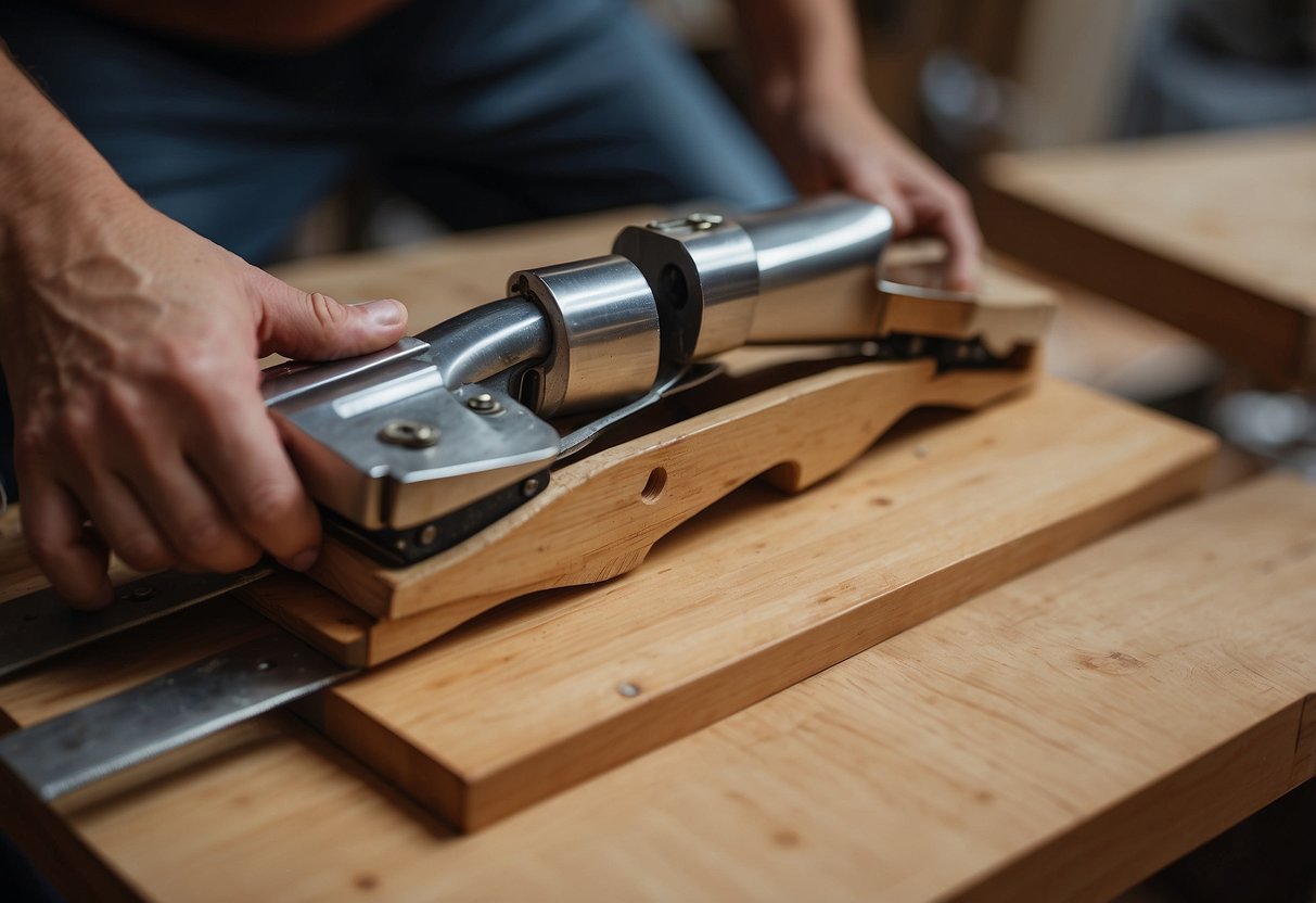 A broken chair leg is being glued back together by a person using clamps and wood glue. Sandpaper and varnish are nearby