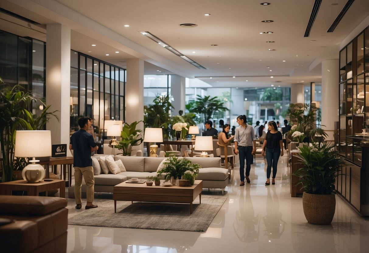 Customers browsing modern and traditional furniture displayed in well-lit showrooms along Orchard Road