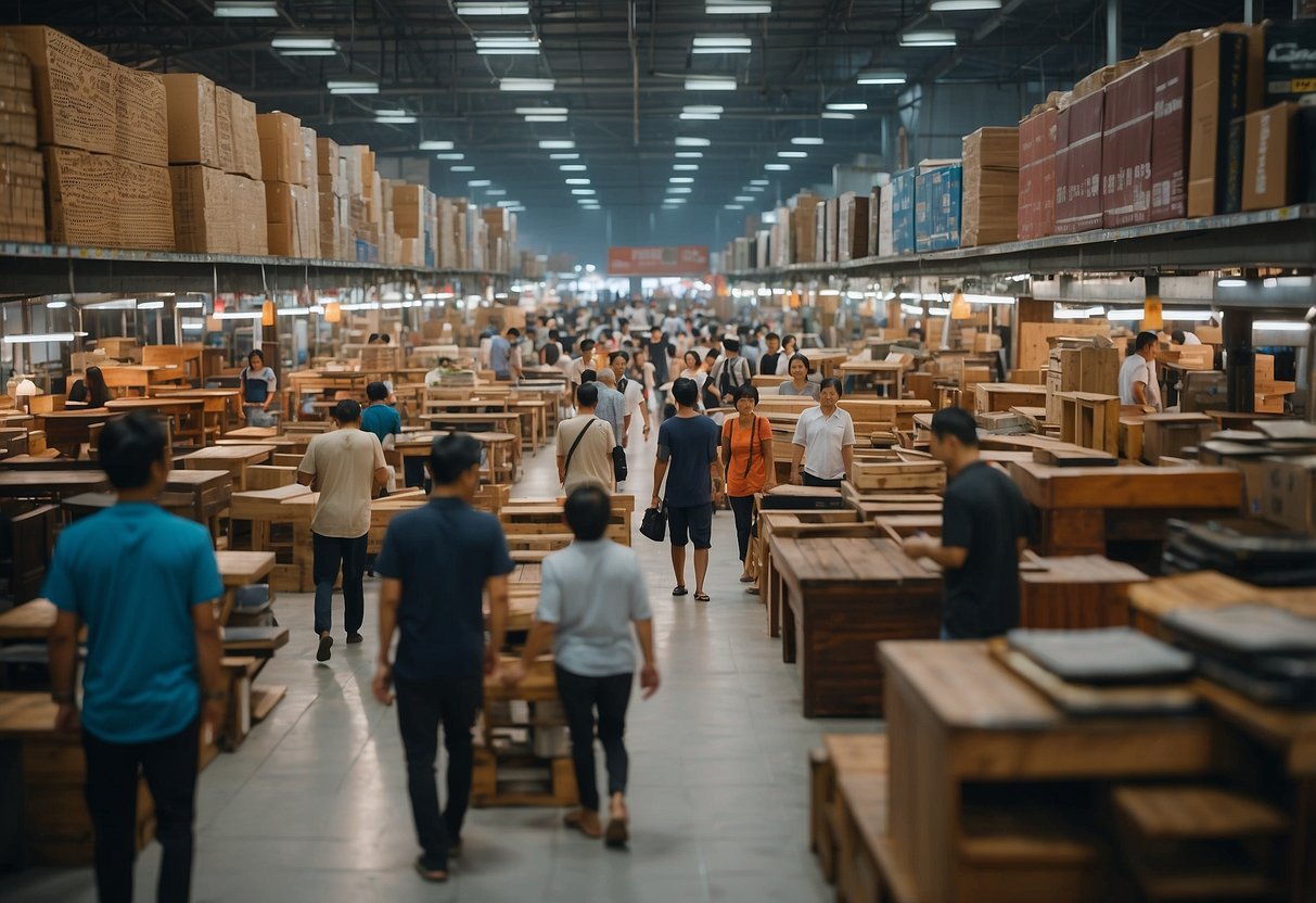 Customers browsing through rows of modern and traditional furniture in the bustling wholesale market of Singapore