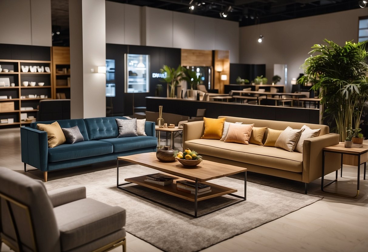 Various furniture displayed in a spacious showroom. Sofas, tables, and chairs are arranged in different room settings. Bright lighting highlights the variety of options