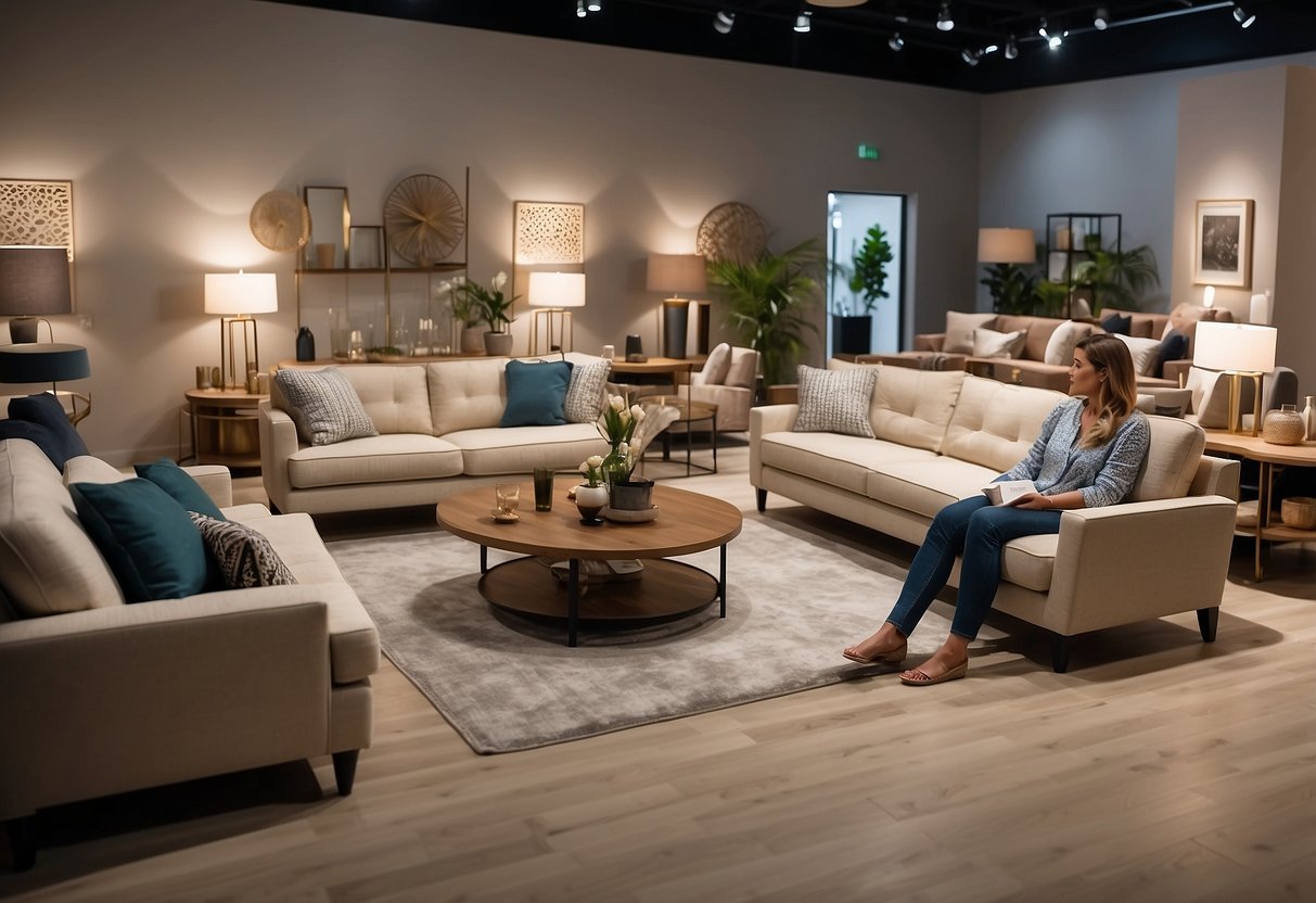 Customers browsing furniture displays in a spacious showroom with modern lighting and comfortable seating areas. Friendly staff assisting and guiding customers through the selection process