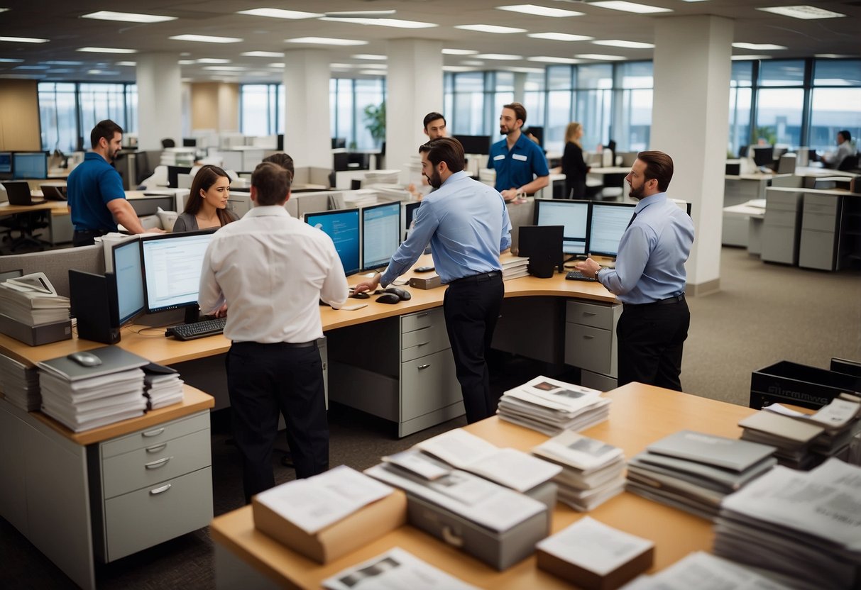 A busy office with employees discussing furniture options and a large display of wholesale furniture catalogs