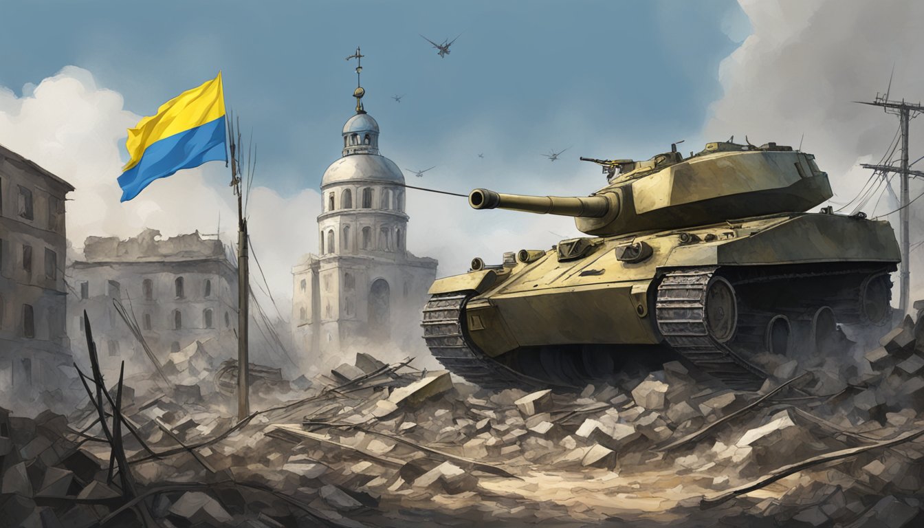 A war-torn landscape with destroyed buildings, tanks, and barbed wire. The Ukrainian flag stands tall amidst the rubble