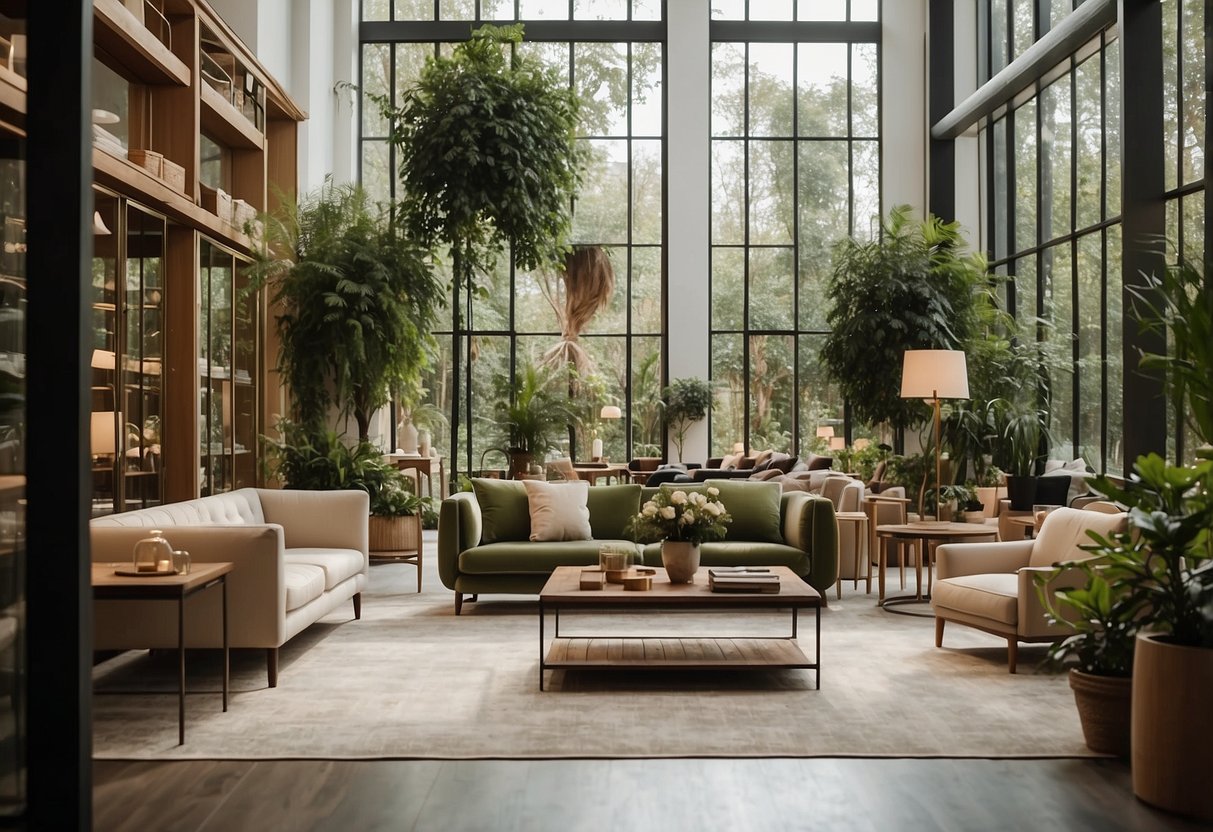 A spacious furniture store with modern and classic pieces displayed in an orderly manner, bathed in natural light from large windows, surrounded by lush greenery