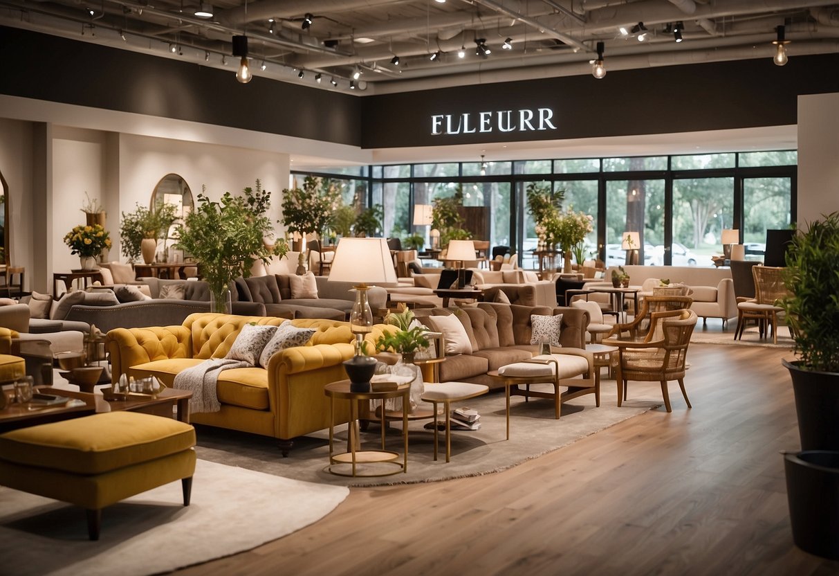 A bustling furniture store nestled in an orchard, with customers browsing and staff assisting. Bright, natural light floods the space, highlighting the array of stylish and functional pieces on display