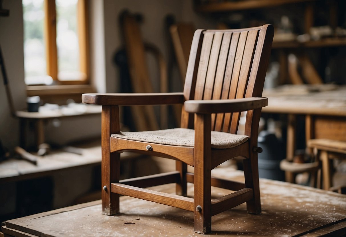 A worn-out chair is being carefully sanded and refinished, bringing it back to life. Tools and materials are neatly organized on a workbench nearby