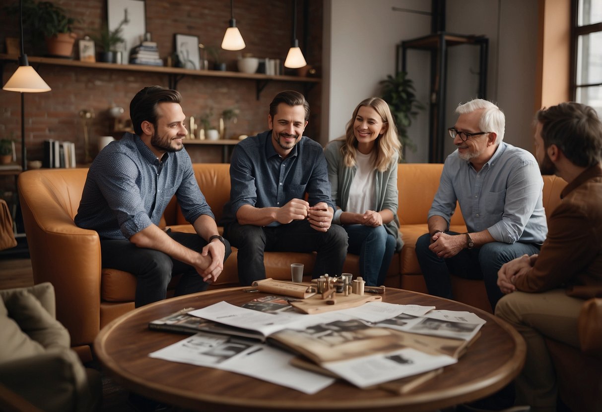A group of founders discussing the origins of Gozefo, surrounded by furniture and design sketches