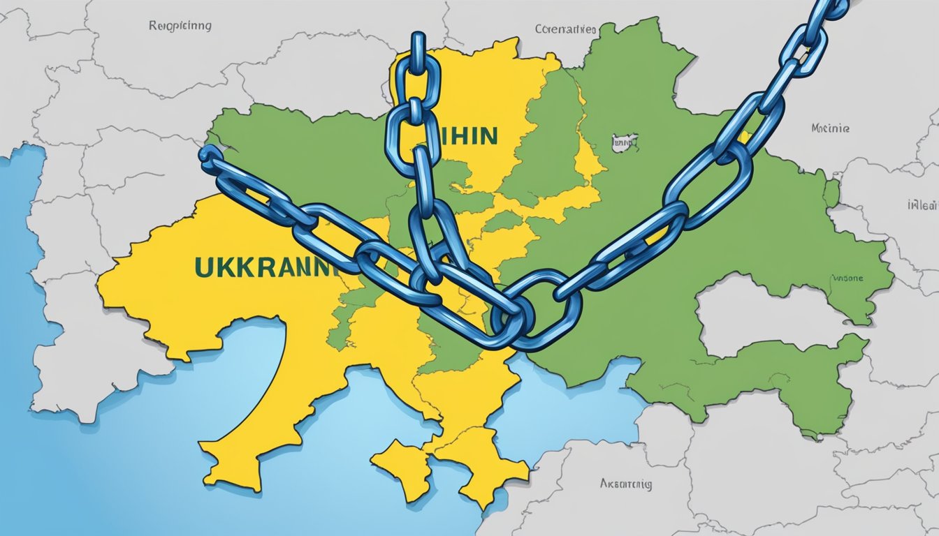 A map of Ukraine with a broken chain symbolizing ongoing challenges, while a support symbol representing MSR hovers above the country