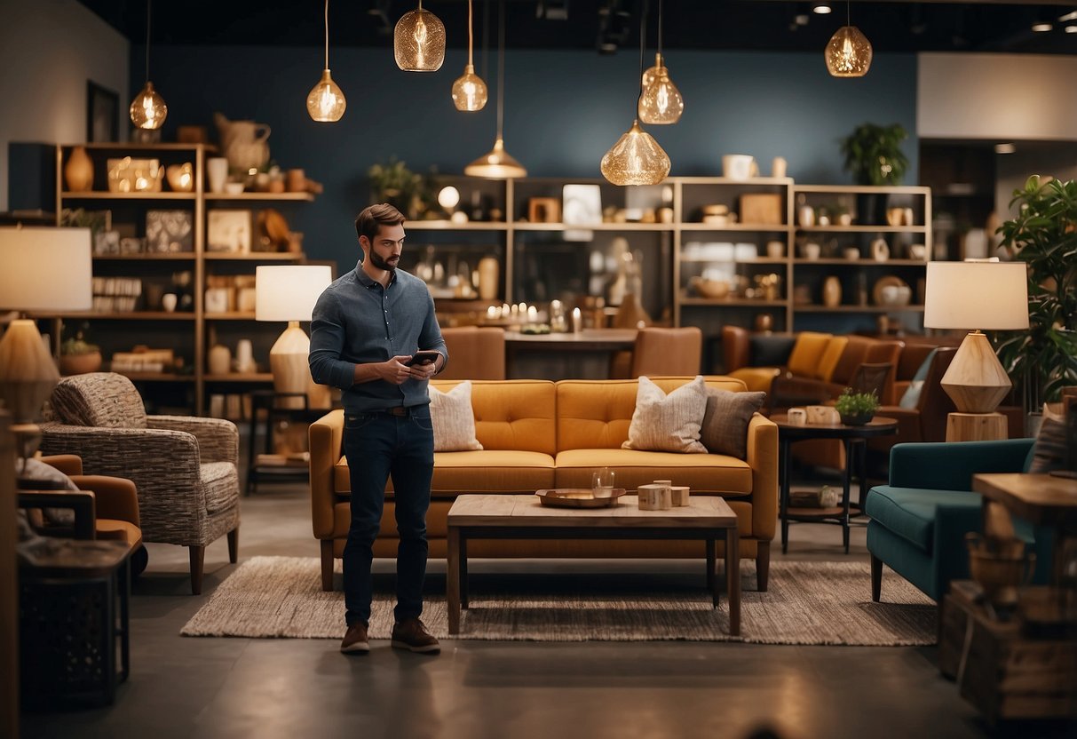 A customer browsing through a variety of furniture items with a "Frequently Asked Questions" section displayed prominently