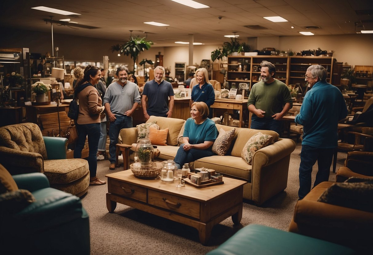 A group of people gather around a local used furniture store, donating and purchasing items to support the community. The store is filled with a variety of furniture pieces, from sofas to tables, and customers browse the selection with smiles on their faces