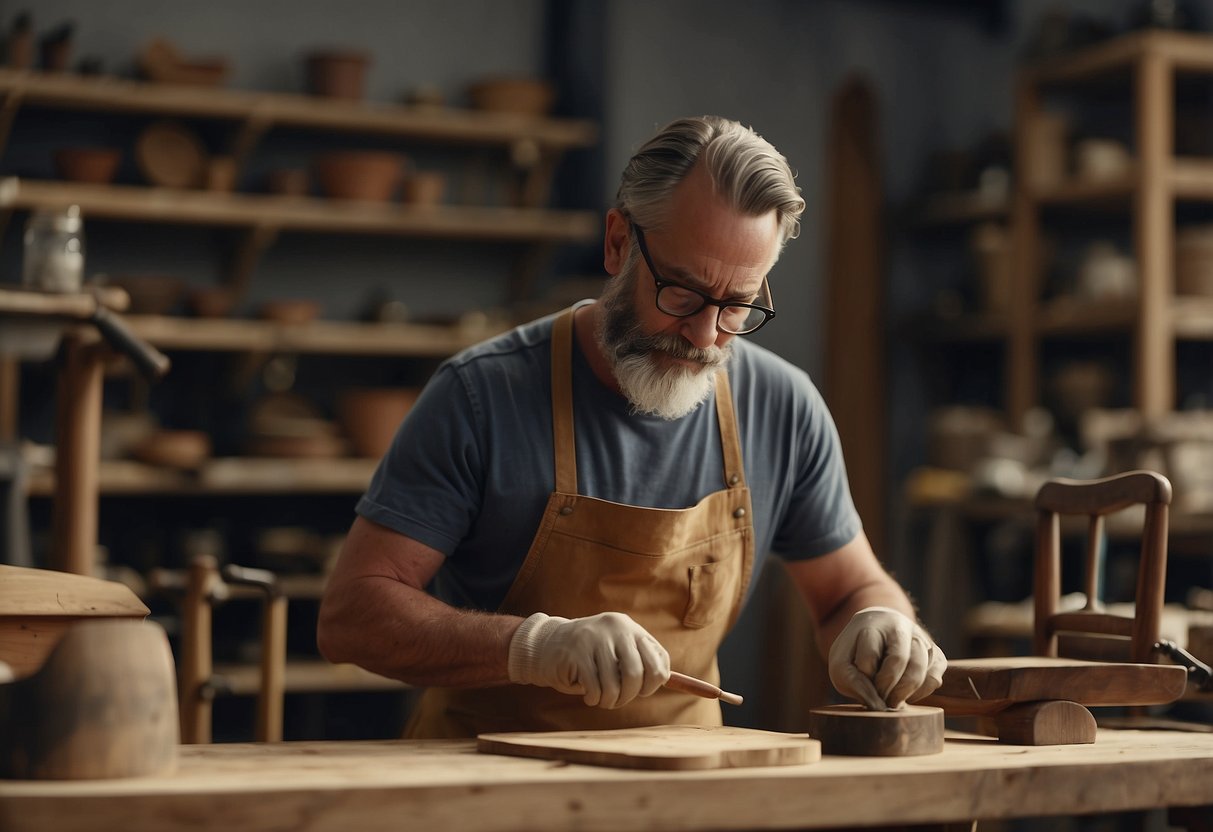 A skilled craftsman meticulously restores a vintage chair, sanding and varnishing, in a well-lit workshop filled with various tools and materials