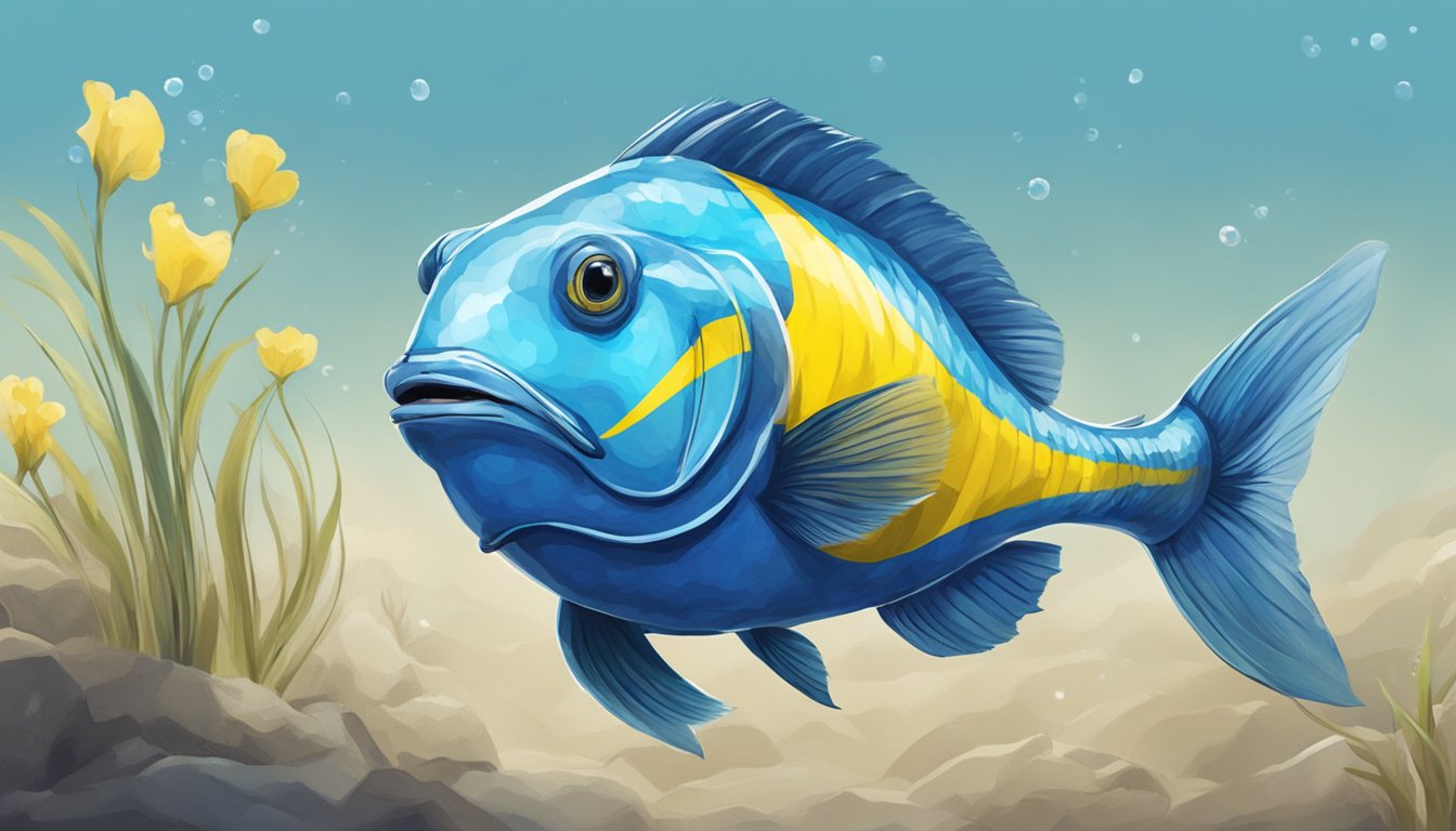 A blue fish swims with a Ukrainian flag in its mouth