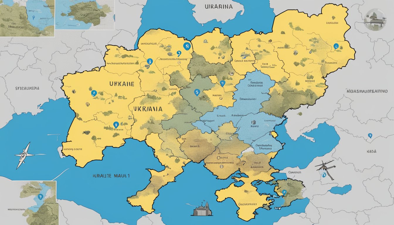 The scene shows a map of Ukraine with a question mark above it, surrounded by images of conflict and unrest