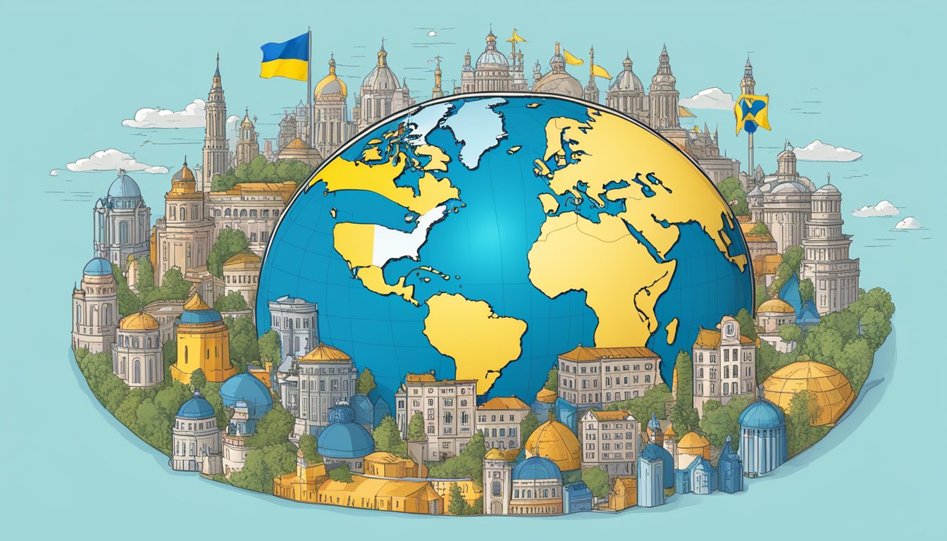 A globe with Ukraine highlighted, surrounded by aid symbols and support icons from various countries