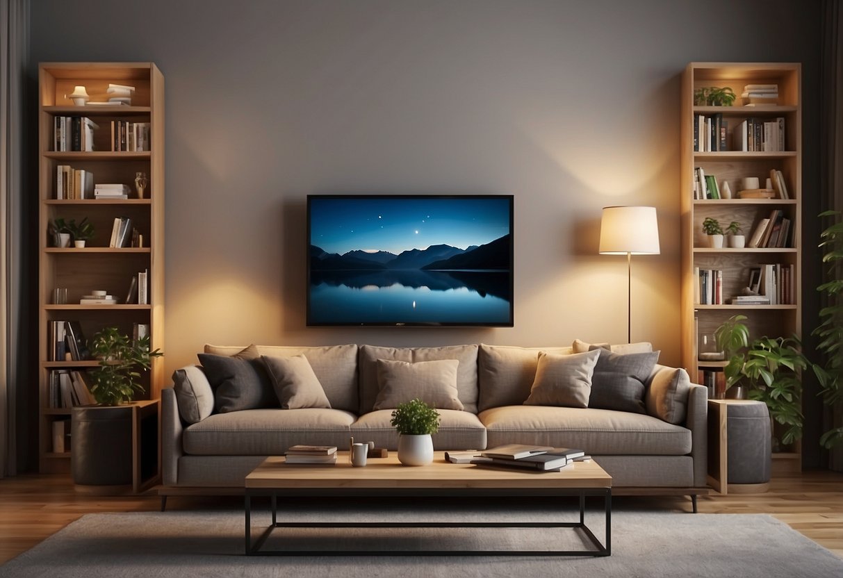 A cozy living room with a sofa, coffee table, and bookshelf. A TV is mounted on the wall, and soft lighting creates a warm atmosphere