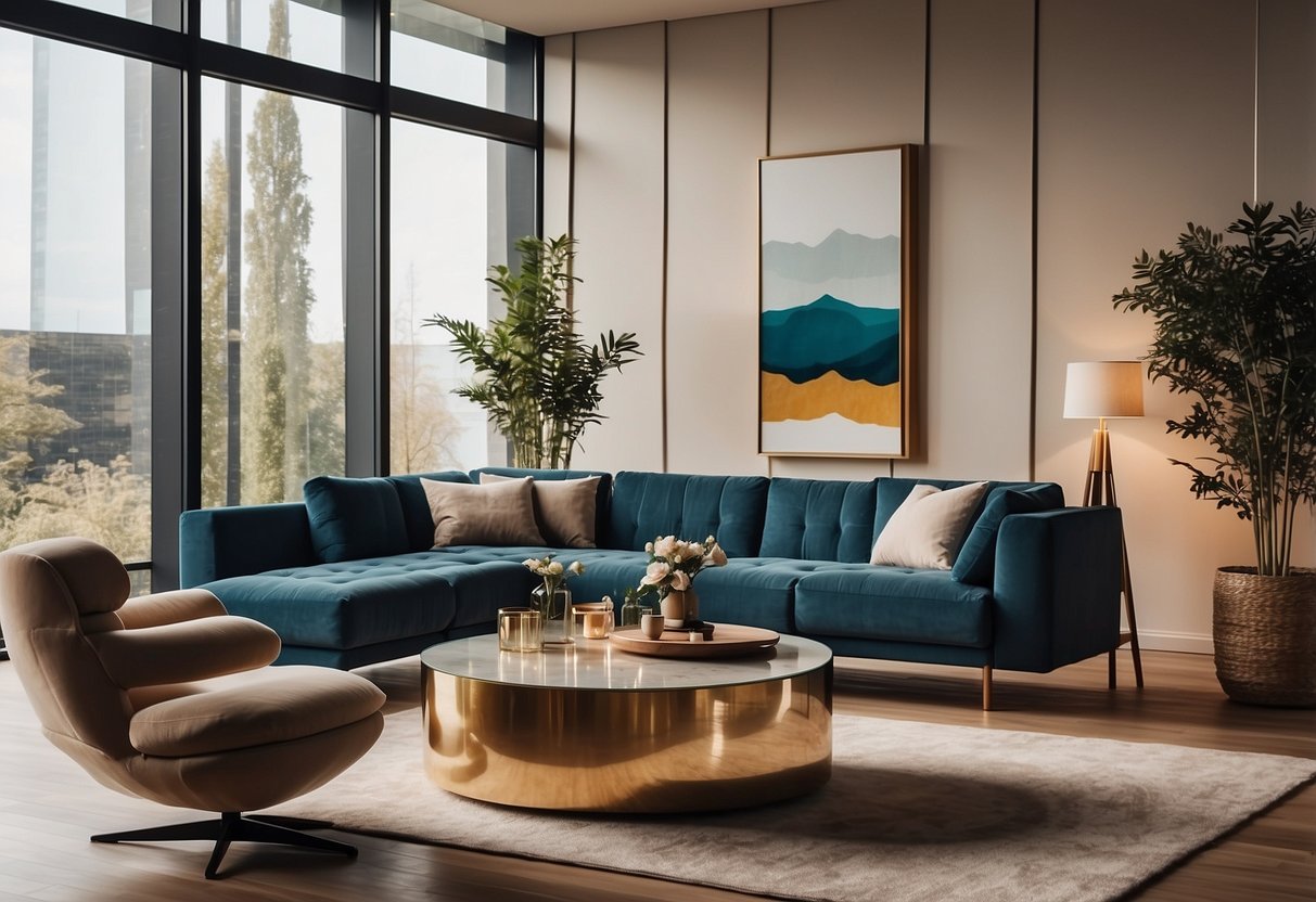 A room with various furniture pieces arranged in a stylish and inviting manner. Bright lighting and a clean, modern aesthetic