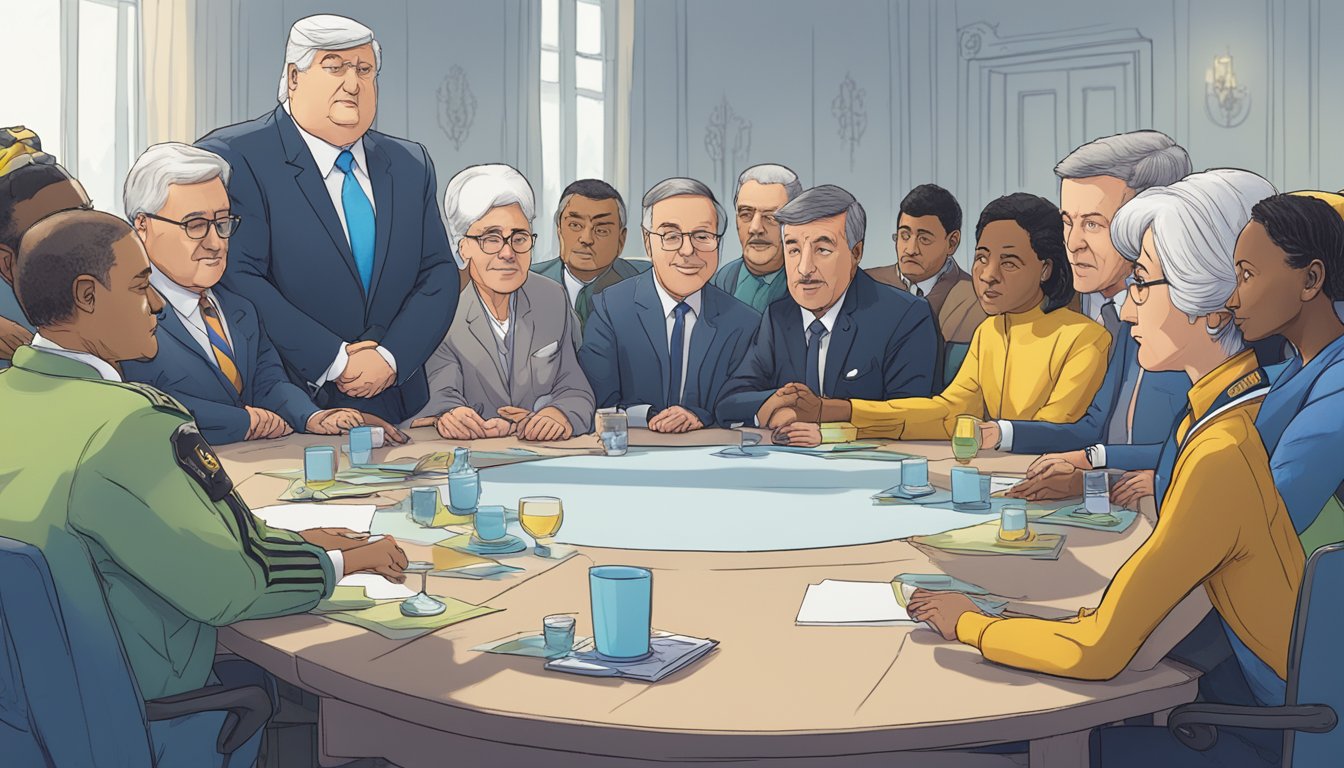 A group of diverse world leaders gather around a table, discussing Ukraine's support, with Nemo taking a stand