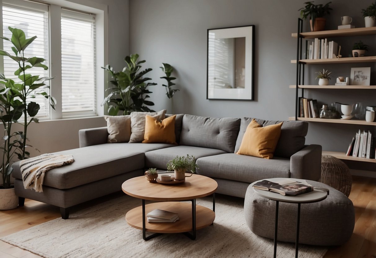 A living room with a cozy sofa, coffee table, and bookshelf. A dining area with a table, chairs, and a sideboard. A modern office with a desk, chair, and storage shelves