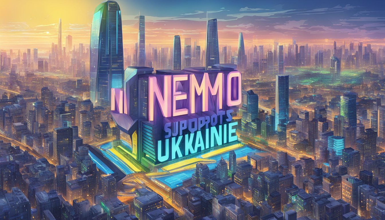 A futuristic city skyline with a large, glowing sign reading "Nemo supports Ukraine" in bold letters