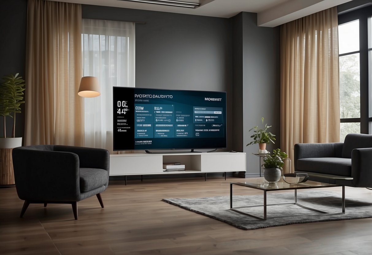 A room with a modern, stylish furniture set arranged in an inviting and organized manner, with a video playing on a screen showing "Frequently Asked Questions" about furniture