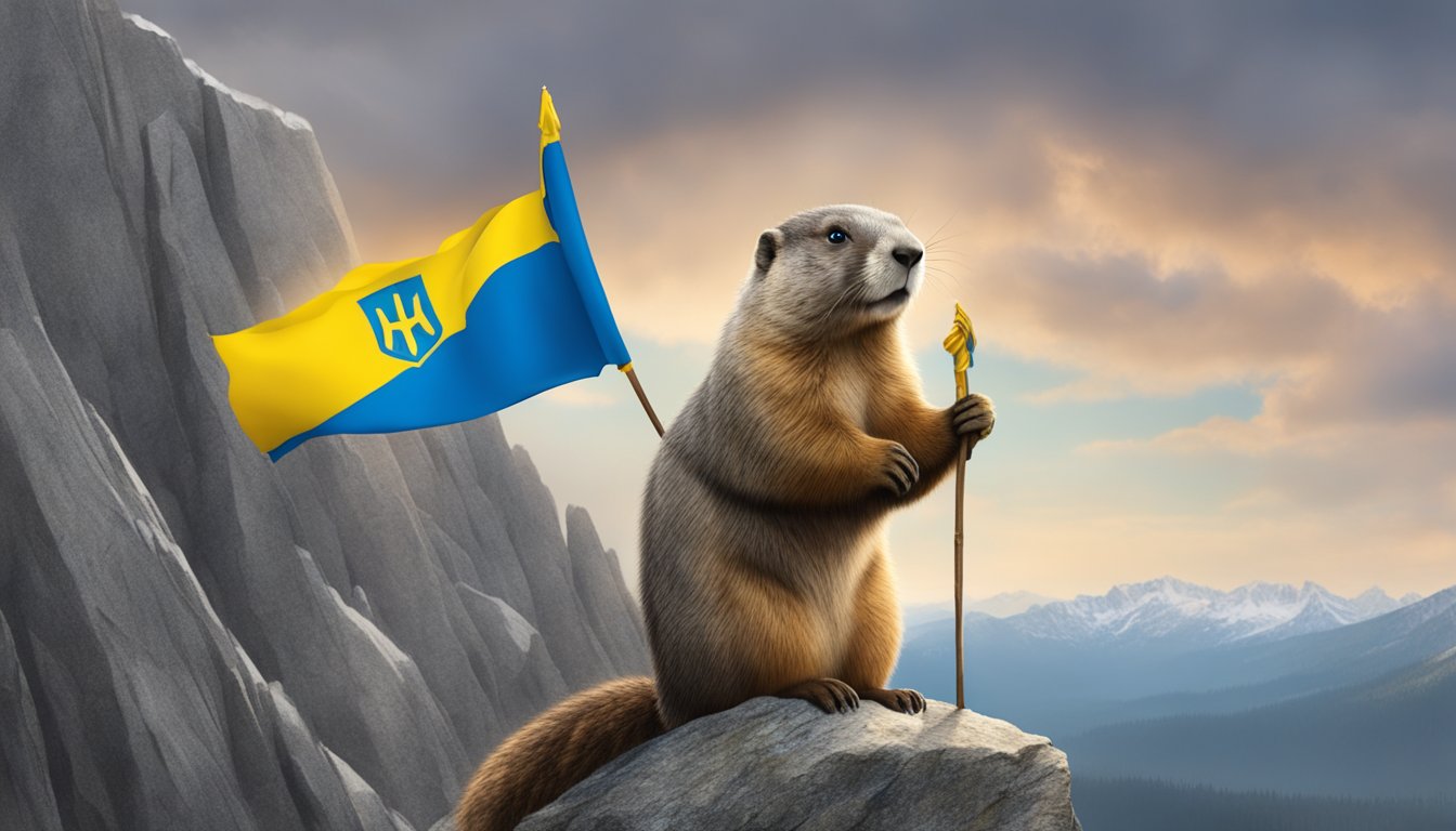 A marmot holds a small flag of Ukraine in its paws, standing proudly on a rocky mountain ledge