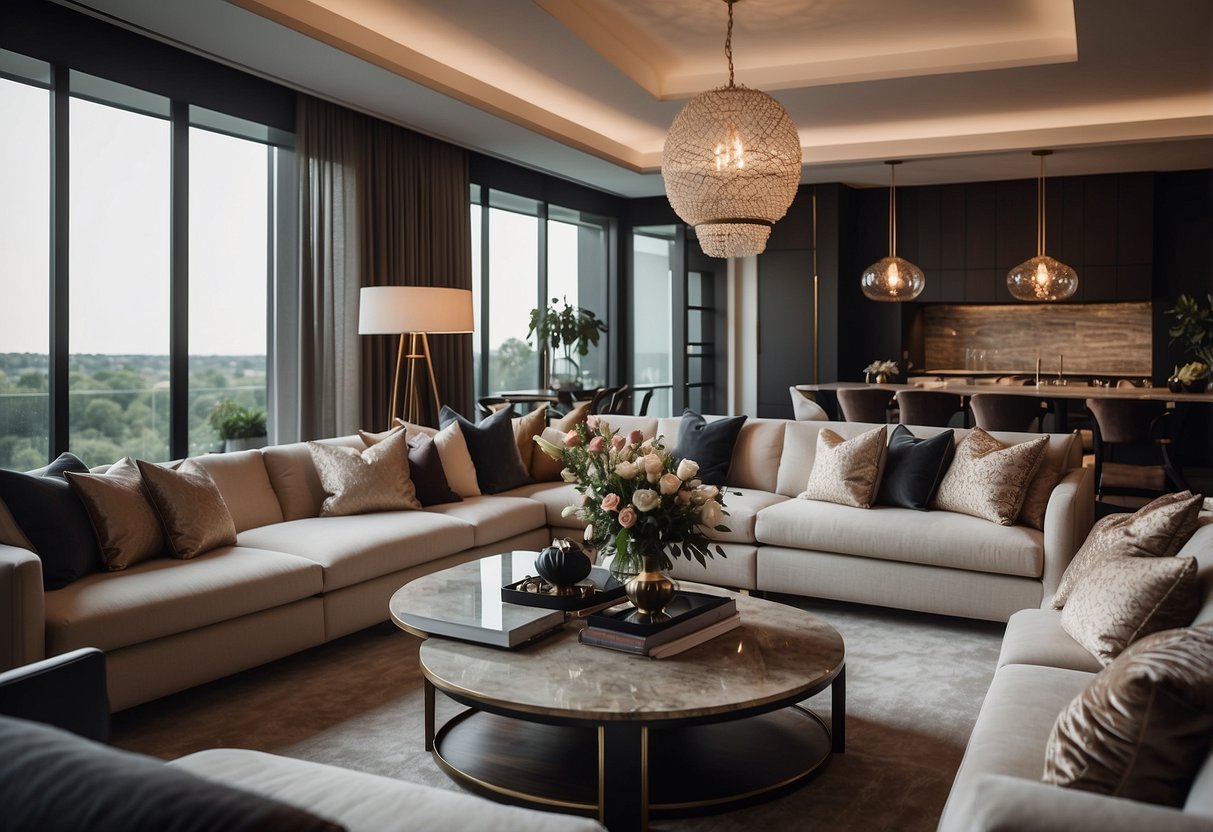 A luxurious living room with high-end furniture, elegant decor, and a cozy ambiance. Rich textures, plush seating, and stylish accents create a sophisticated and inviting space