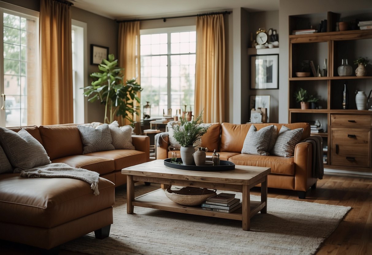 A cozy living room with a variety of high-quality furniture pieces arranged in an inviting manner, showcasing the concept of furniture consignment