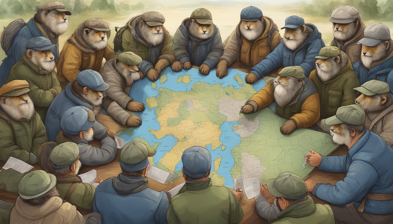 A group of marmots gather around a map of Ukraine, showing support and solidarity with the country. They are engaged in discussions and planning, displaying a sense of unity and determination