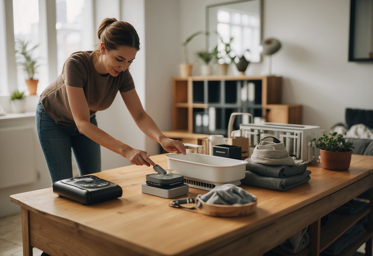 A person arranging furniture in a well-lit room, measuring and dusting items before placing them in designated spots