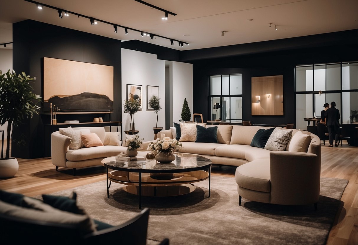 A sleek, modern furniture showroom in Melbourne, with elegant pieces on display and customers browsing