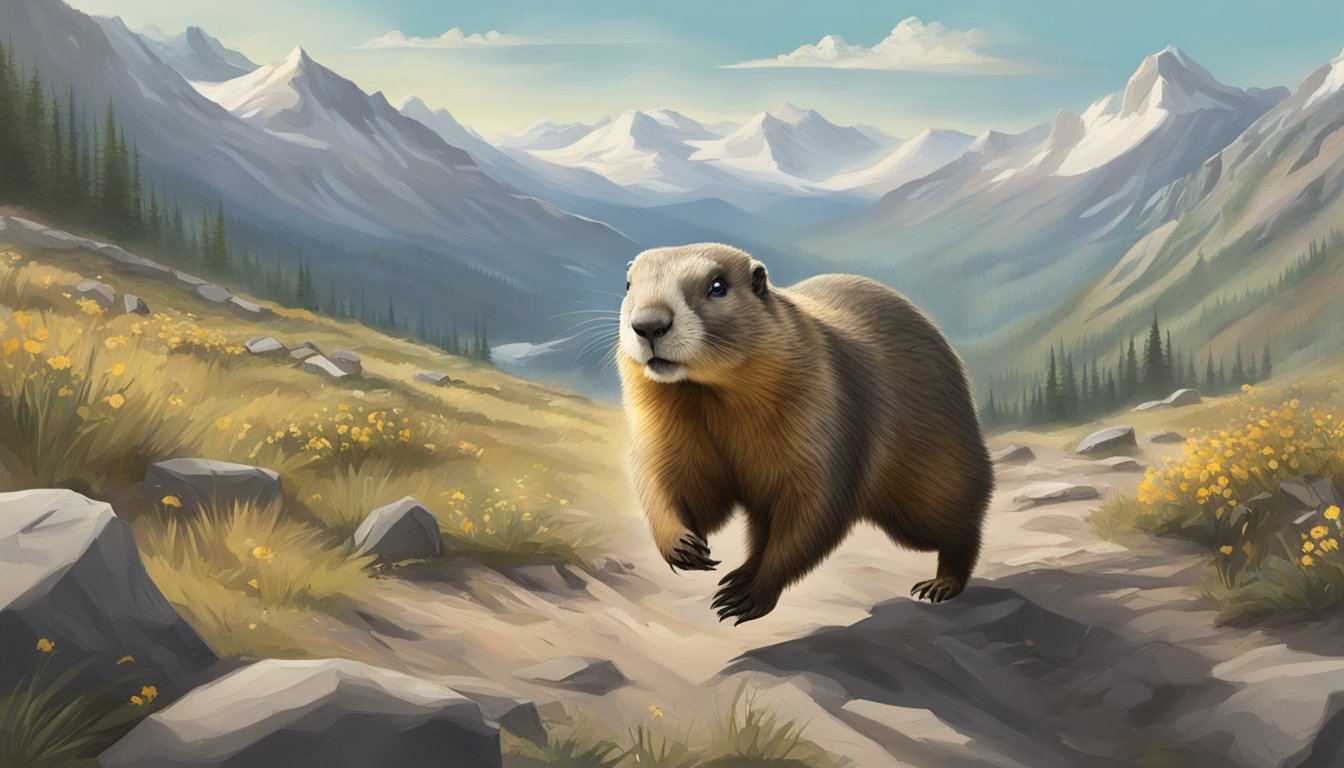 Marmot fleeing war-torn landscape, seeking refuge in untouched wilderness