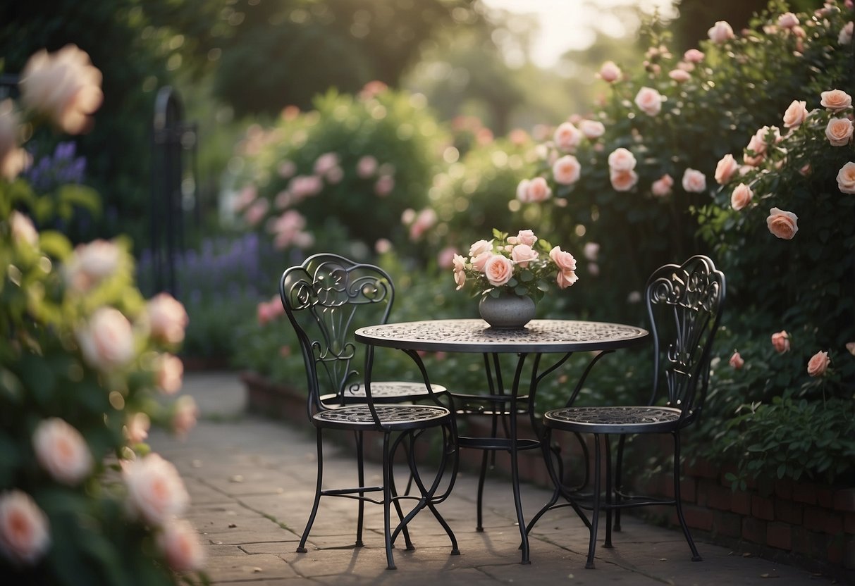 A wrought iron table and chairs sit among blooming roses in a lush Victorian garden