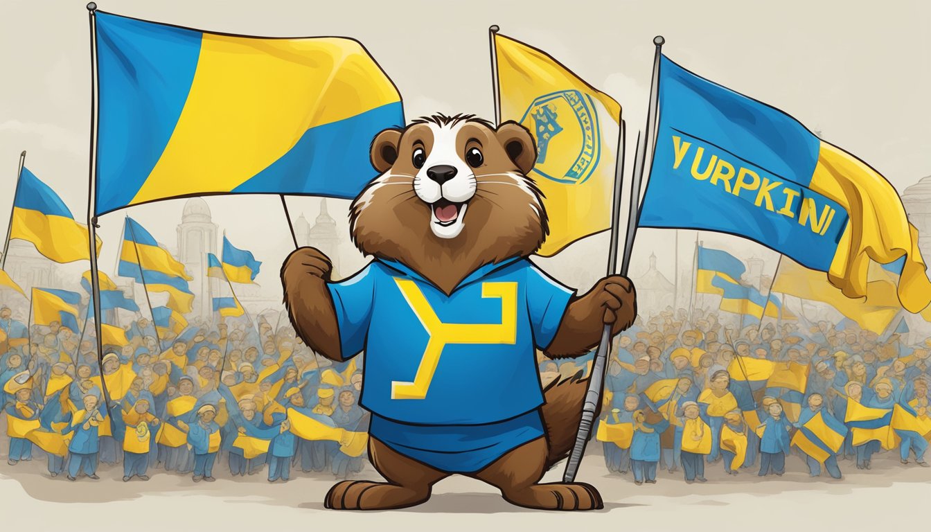 A map of Ukraine with a marmot mascot holding a banner with "Support Ukraine" in front of a group of international flags