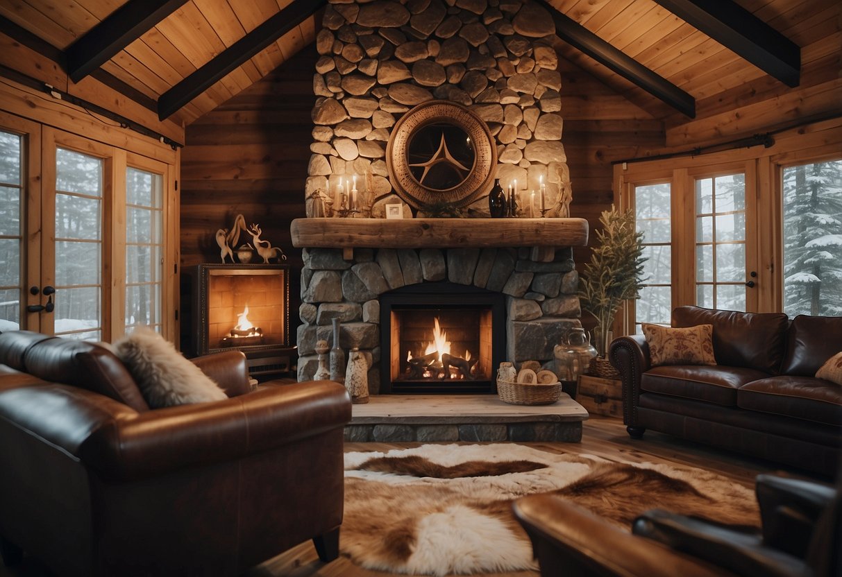 A rustic cabin with a roaring fireplace, adorned with animal trophies and leather furniture