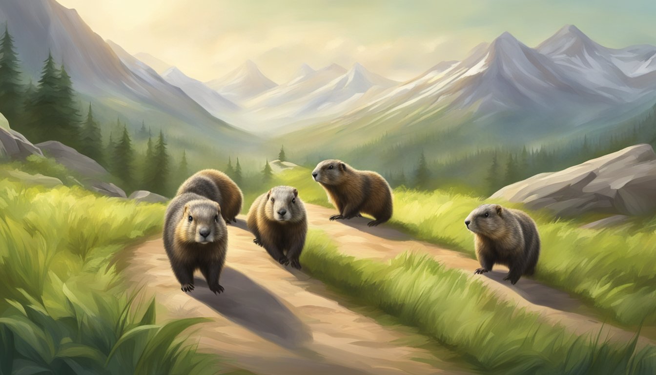 Marmots moving forward in a lush green landscape, with a clear path ahead. The focus is on the marmots and their journey, with no human presence